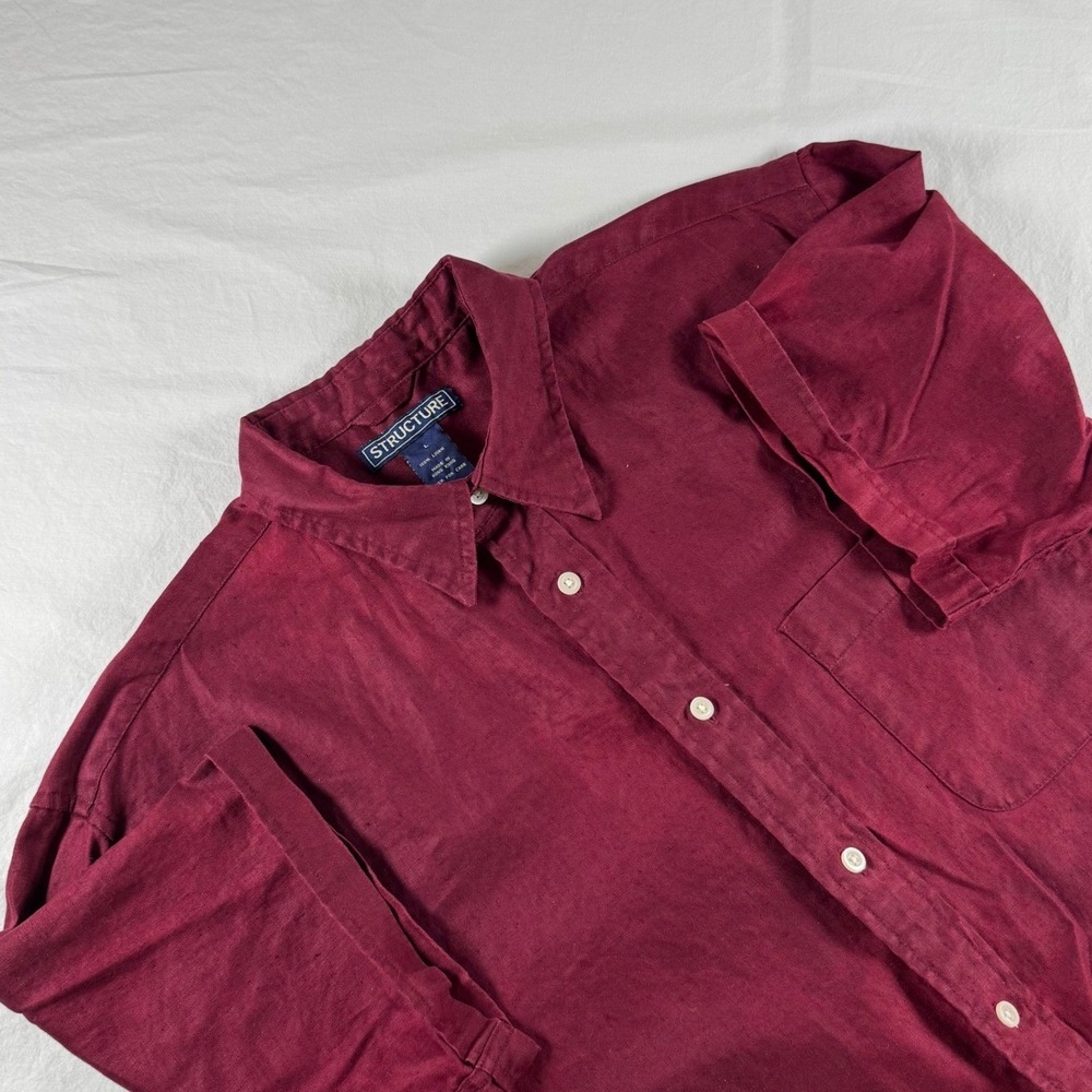 Structure Men's Size L Burgundy 100% Linen Short Sleeve Button Down Shirt